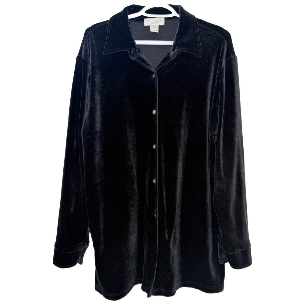 Express Tricot Black Velvet Button Front Shirt Womens Large L Stretch Tunic